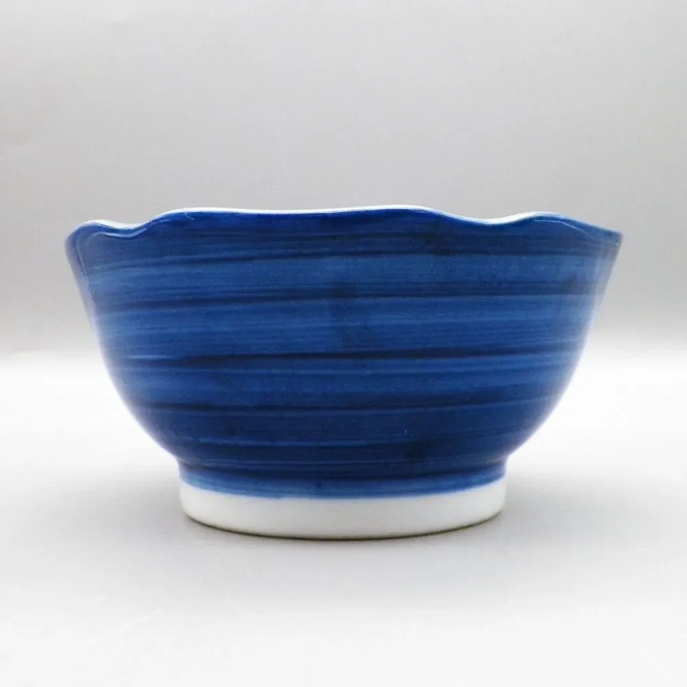 Japanese Ceramic Kobachi Rice Bowl Blue Brushstroke Design Scalloped Rim & Spoon